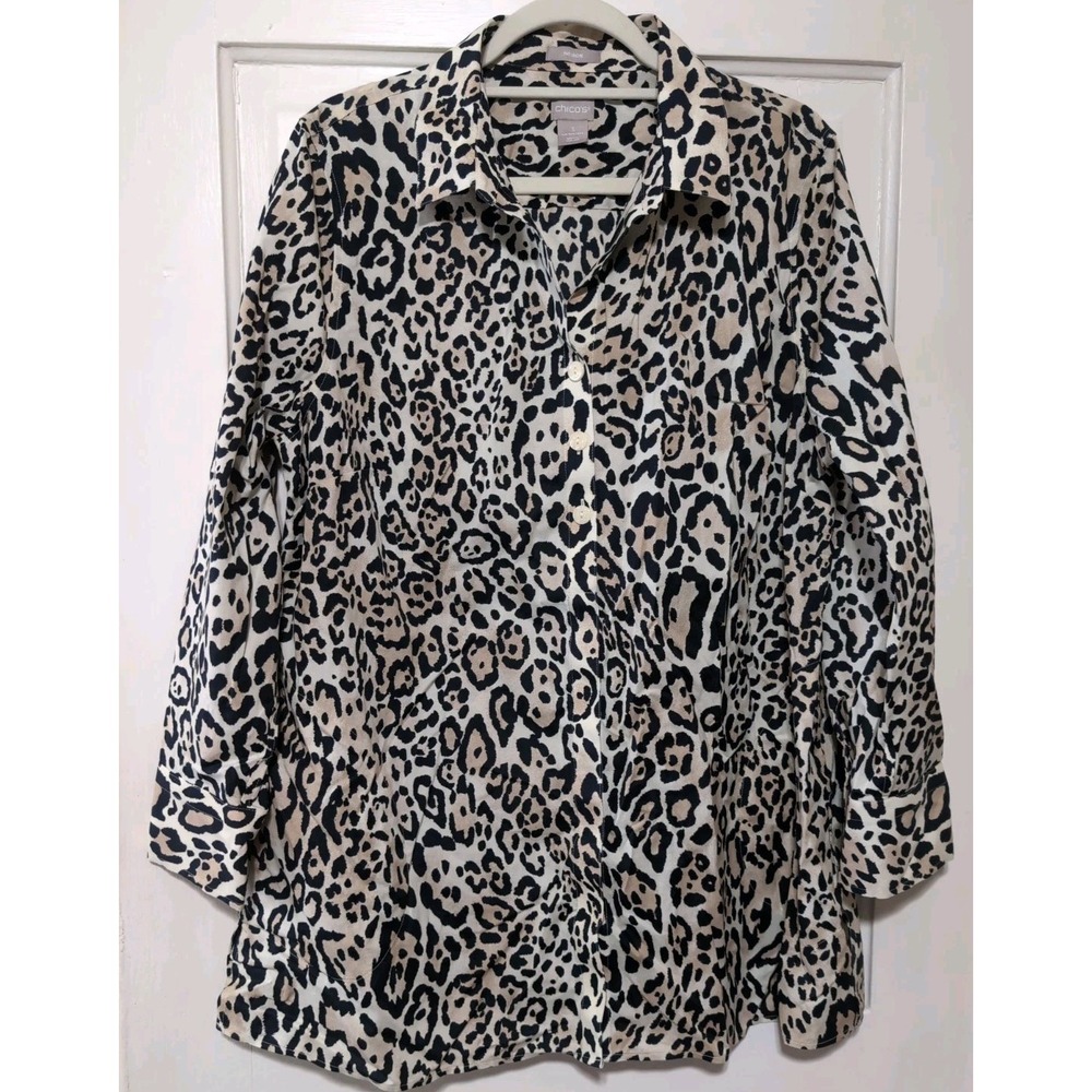 Chicos Cheetah Print Tunic Button Up Shirt No Iron Pockets Capsule Woman 3(1291)